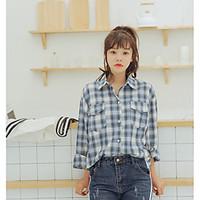 Women\'s Going out Casual/Daily Simple Cute Spring Summer Shirt, Check Shirt Collar Long Sleeve Cotton Thin