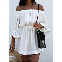 Women\'s Going out Loose Dress, Solid Off Shoulder Above Knee ½ Length Sleeve Cotton Summer Mid Rise Micro-elastic Thin