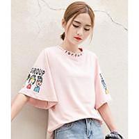 Women\'s Casual/Daily Simple Cute Spring Summer T-shirt, Print Round Neck ½ Length Sleeve Cotton Thin