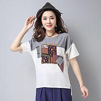 Women\'s Casual/Daily Simple T-shirt, Color Block Round Neck Short Sleeve Linen