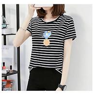 Women\'s Casual/Daily Simple Spring Summer T-shirt, Striped Round Neck Short Sleeve Cotton Opaque