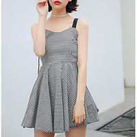 Women\'s Going out A Line Dress, Solid Check V Neck Above Knee Sleeveless Others Summer Mid Rise Inelastic Thin