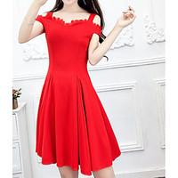 Women\'s Going out Vintage A Line Dress, Solid Boat Neck Above Knee Short Sleeve Others Summer Mid Rise Micro-elastic Thin