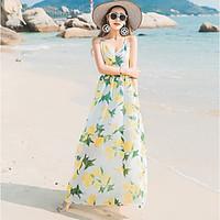 Women\'s Beach Simple Loose Dress, Floral V Neck Maxi Sleeveless Polyester Summer Mid Rise Micro-elastic Thin