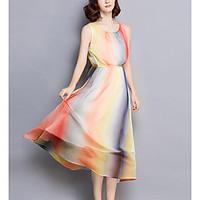 Women\'s Casual/Daily Simple Loose Dress, Print Round Neck Midi Sleeveless Cotton Summer High Rise Micro-elastic Medium