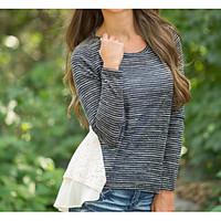 Women\'s Casual/Daily Simple T-shirt, Striped Round Neck Long Sleeve Cotton