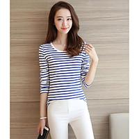 Women\'s Casual/Daily Simple Spring T-shirt, Striped Round Neck Long Sleeve Cotton Opaque