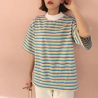 Women\'s Casual/Daily Simple Summer T-shirt, Striped Round Neck Short Sleeve Cotton Opaque