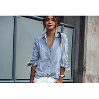 Women\'s Casual/Daily Simple Street chic Summer Shirt, Striped Shirt Collar Long Sleeve Cotton