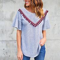 Women Going out Casual/Daily Simple Street chic Summer All Match T-shirtPatchwork Round Neck Short Sleeve Tassel Medium