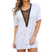 womens lace up casualdaily simple summer t shirt solid v neck short sl ...