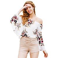 Women\'s Off The Shoulder Going out Casual/Daily Holiday Sexy Simple Street chic Summer Shirt, Floral Boat Neck Long Sleeve White Polyester