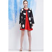 Women\'s Casual/Daily Work Vintage Street chic Sophisticated Spring Fall Trench Coat, Polka Dot Round Neck Long Sleeve Long Polyester