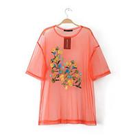 Women\'s Casual/Daily Cute Spring Summer T-shirt, Embroidered Round Neck ½ Length Sleeve Cotton Thin