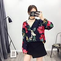 Women\'s Going out Casual/Daily Sexy Simple Street chic Spring Fall Shirt, Floral Shirt Collar Long Sleeve Silk Cotton Medium