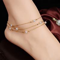 Women\'s Simple Multilayer Copper Beads Pearl Chain Anklets