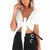 Women\'s Lace up Going out Casual/Daily Sexy Simple Fall T-shirtSolid V Neck Bare Midriff Short Sleeve Bow All Match White Black Polyester Medium