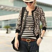Women\'s Going out Street chic Spring / Fall Jackets, Leopard Shirt Collar Long Sleeve Brown Polyester Medium