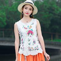 Women\'s Casual/Daily Cute Chinoiserie Tank Top, Floral Round Neck Sleeveless Cotton Linen