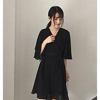 Women\'s Casual/Daily Vintage Sophisticated Chiffon Dress, Solid V Neck Knee-length ½ Length Sleeve Chiffon Summer High Rise Micro-elastic