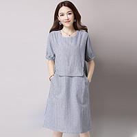 Women\'s Casual/Daily Simple Two Piece Dress, Striped Round Neck Knee-length ½ Length Sleeve Cotton Summer Mid Rise Micro-elastic Medium