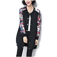 Women\'s Casual/Daily Street chic Jackets, Floral / Color Block Round Neck Long Sleeve Fall / Winter Black PU Medium