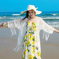 Women\'s Beach Holiday Sexy Summer Coat, Floral Solid Square Neck Long Linen Lace