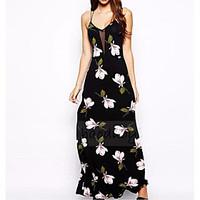 Women\'s Going out Casual/Daily Party Sexy Cute Chinoiserie A Line Loose Sheath Dress, Solid Floral Print Strap Maxi SleevelessSilk Cotton