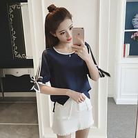 Women\'s Casual/Daily Cute Blouse, Solid Color Block Round Neck Short Sleeve Polyester