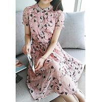 Women\'s Beach Swing Dress, Print Stand Midi Short Sleeve Others Summer High Rise Micro-elastic Thin