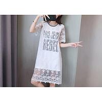 Women\'s Casual/Daily Simple Lace Dress, Letter Round Neck Above Knee Short Sleeve Polyester Summer Mid Rise Micro-elastic Medium