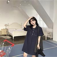 Women\'s Casual/Daily Denim Dress, Solid Shirt Collar Above Knee Short Sleeve Polyester Summer High Rise Micro-elastic Thin