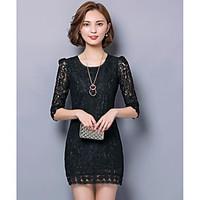 Women\'s Casual/Daily Shift Lace Dress, Solid Round Neck Above Knee ½ Length Sleeve Cotton Summer Mid Rise Inelastic Thin