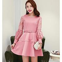 womens casualdaily skater dress solid round neck above knee long sleev ...