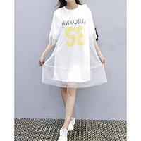 Women\'s Casual/Daily Simple T Shirt Dress, Letter Round Neck Knee-length Short Sleeve Cotton Summer Mid Rise Micro-elastic Medium