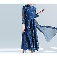 Women\'s Casual/Daily Simple Lace Dress, Floral Print Stand Maxi ¾ Sleeve Polyester Summer High Rise Micro-elastic Thin