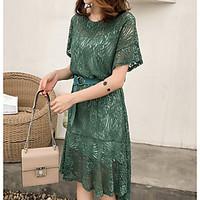 Women\'s Going out Lace Dress, Solid Round Neck Asymmetrical Short Sleeve Polyester Summer Mid Rise Inelastic ExtraSheer