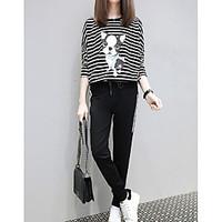 Women\'s Casual Simple Fall T-shirt Skirt Suits, Striped Round Neck Long Sleeve Micro-elastic