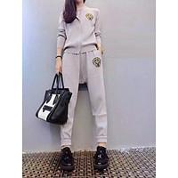 womens daily simple sport spring hoodie pant suits solid stand long sl ...