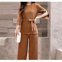 Women\'s Casual/Daily Simple Spring Summer Shirt Pant Suits, Solid Round Neck 3/4-Length Sleeve Micro-elastic