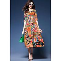 Women\'s Casual/Daily Simple Sheath Dress, Floral Round Neck Midi Short Sleeve Silk Summer High Rise Micro-elastic Medium