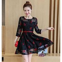 Women\'s Casual/Daily Skater Dress, Geometric Round Neck Above Knee ¾ Sleeve Polyester Summer High Rise Inelastic Thin