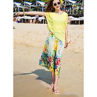 Women\'s Beach Holiday Simple Loose Dress, Floral Round Neck Maxi Short Sleeve Polyester Summer Mid Rise Inelastic Thin