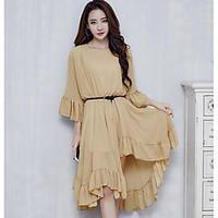 Women\'s Going out Swing Dress, Solid Round Neck Midi ¾ Sleeve Polyester Summer Mid Rise Micro-elastic Thin