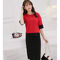 Women\'s Work Simple Summer T-shirt Skirt Suits, Color Block Round Neck Short Sleeve Inelastic