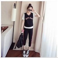 Women\'s Casual/Daily Vintage Cute Spring Summer T-shirt Pant Suits, Geometric Round Neck 3/4 Length Sleeve