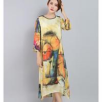 Women\'s Going out Loose Dress, Floral Round Neck Midi ¾ Sleeve Polyester Summer Mid Rise Micro-elastic Thin