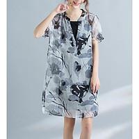 Women\'s Casual/Daily Loose Dress, Floral Stand Midi Short Sleeve Silk Summer Mid Rise Micro-elastic Thin