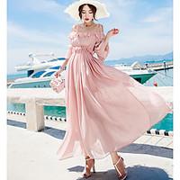 womens beach holiday simple swing dress solid boat neck maxi sleeve po ...