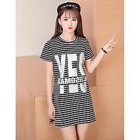 Women\'s Casual/Daily Tunic Dress, Striped Round Neck Above Knee Short Sleeve Cotton Summer Mid Rise Micro-elastic Thin